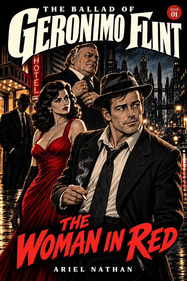 The cover of Issue 01, The Woman in Red: a private eye with a cigarette, a woman in a red dress, a hotel sign in the rain.